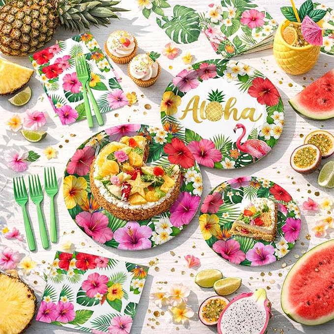 96 Pcs Hawaiian Luau Party Paper Plates Tableware Set (Serves 24), Hawaiian Birthday Decorations Include Plates Napkins Forks For Hibiscus Floral Party
