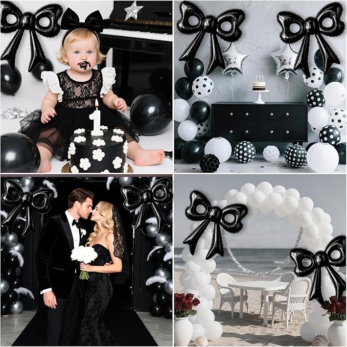 4 Pcs Black Bow Balloons, 31”Huge Bow Aluminum Foil Balloons for Girl Women Birthday, Baby Shower, Wedding, Bridal, Engagement, Bachelorette Party Decorations Supplies