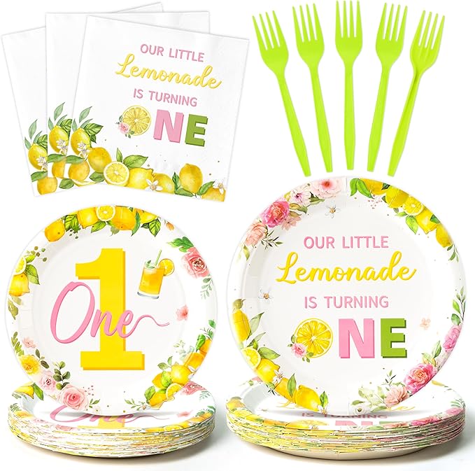 96Pcs Lemon 1st Party Plates Supplies Our Little Lemonade Is Turning One First Birthday One Year Old Tableware Decorations Disposable Paper Plates Napkins Forks for Kids Baby Shower, Serves 24