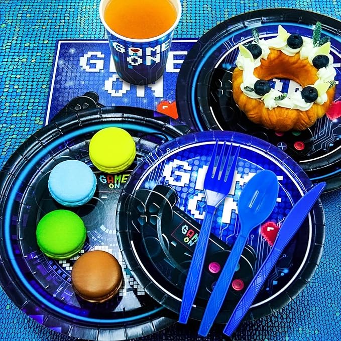 175 Pcs Video Game Party Supplies Set Paper Plates Napkins Cups Forks Knives and spoons serve for 25 Guests Game Birthday Party