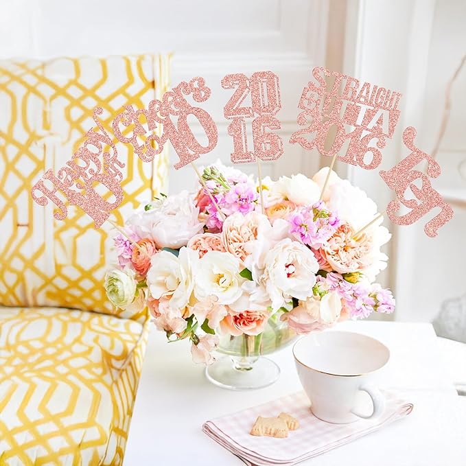 Gyufise 15Pcs Happy 10th Birthday Centerpiece Sticks Ten Straight Outta 2016 Table Flower Centerpieces Sticks Cheers to 10 Decorations for 10th Birthday Party Supplies Rose Gold