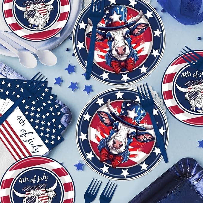 Highland Cow Patriotic Party Supplies - 96PCS Plates and Napkins Tableware Disposable Dinnerware Serve 24 Guests American Flag Patriotic 4th of July Memorial Veterans Day Party Decorations Supplies