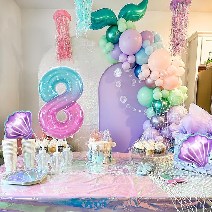 8th Mermaid Birthday Decoration,Metallic Purple Pink Green Blue Latex Balloons for Girls Party Decoration Number 8 Seashell Foil Balloons Banner Cake Topper Sea Decoration