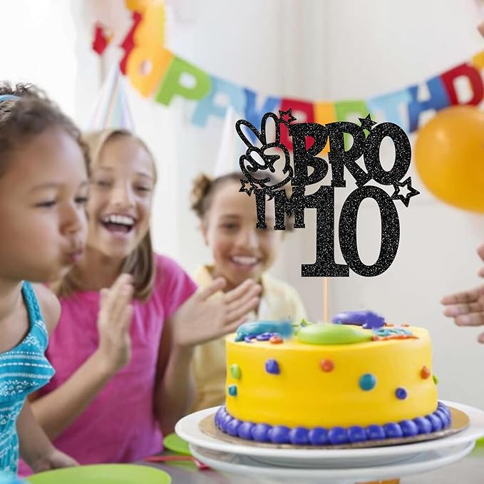 1 PCS Brother I'm 10 Cake Topper Glitter Star Happy 10th Birthday Cake Pick Bro I'm 10 Cake Decoration It's My 10th Birthday Decorations for Boys Cheers to 10 Years Old Birthday Party Supplies Black