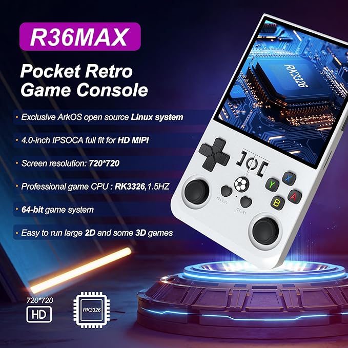 2026 Upgraded R36MAX Handheld Game Console Built-in 128GB TF Card 4000mAh Battery 20000+Classic Games Linux System 4.0-inch IPS Screen (Black)