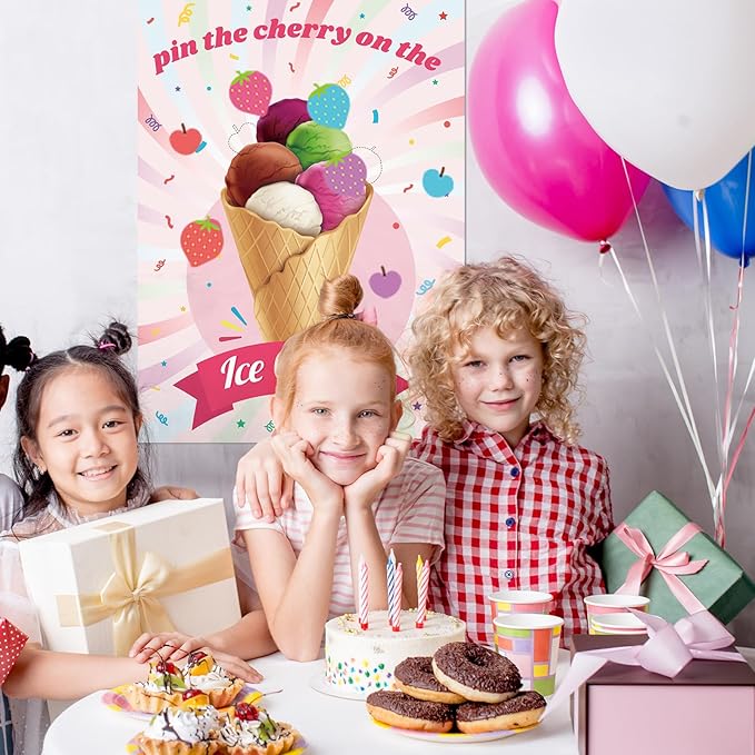 PLULON Ice Cream Party Game for Kids Pin the Cherry Strawberry on the Ice Cream Birthday Game Poster Cherry Strawberry Stickers for Boy Girl Birthday Summer Party Wall Decorations Classroom Activities