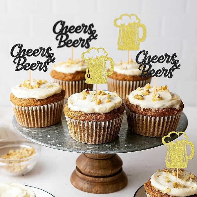 Ercadio 24 PCS Beer Party Cupcake Toppers Cheers and Beers Happy Birthday Decor for Father's Day Whiskey Beer Cake Topper Favor for Summer Family Party Decor Supplies