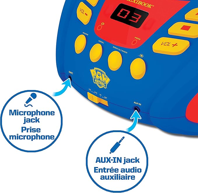Lexibook - Paw Patrol - Bluetooth CD Player for Kids – Portable, Multicoloured Light Effects, Microphone Jack, Aux-in Jack, AC or Battery-Operated, Girls, Boys, Blue/Red, RCD109PA
