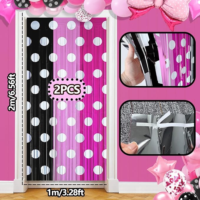 Pink Black Foil Fringe Curtains Birthday Decorations, 2 Pack 3.2x6.6ft Mouse Color Tinsel Streamers Backdrop Baby Shower Cartoon Mouse Birthday Party Decorations Supplies