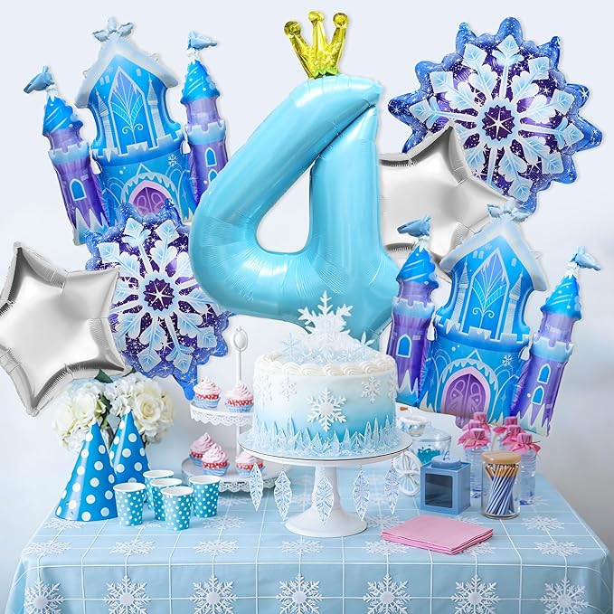 7Pcs 4th Birthday Party Decorations Balloons,Winter Snowflake Balloons Large Blue 40 Inch Number 4 Balloon Foil Star Castle Ballon for Birthday Party Favor Decor Supplies Winter Wonderland Decoration
