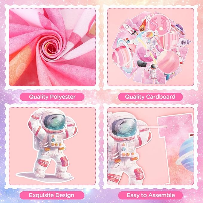 Pink Space Birthday Decorations Outer Space Theme Party Supplies Solar System Happy Birthday Banner Background Cake Cupcake Toppers Balloons for Galaxy Planet Astronaut Party Favor Decor