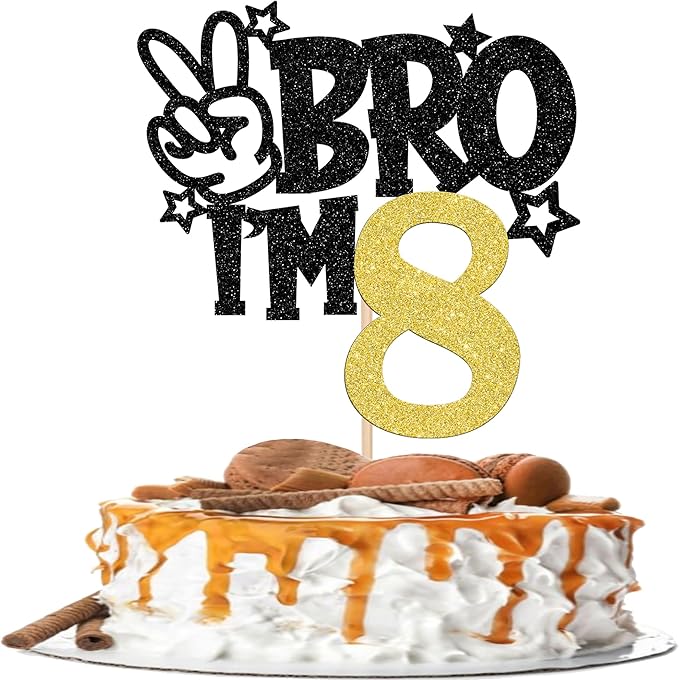 1 PCS Brother I'm 8 Cake Topper Glitter Star Happy 8th Birthday Cake Pick Bro I'm 8 Cake Decoration It's My 8th Birthday Decorations for Boys Cheers to 8 Years Old Birthday Party Supplies Gold