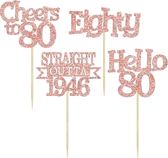 Ephlyn 24Pcs Happy 80th Birthday Cupcake Toppers Glitter Straight Outta 1946 Cupcake Picks Hello 80 Cheers to 80 Years Birthday Cake Decorations for 80th Birthday Anniversary Party Supplies Rose Gold