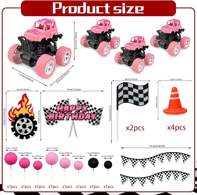20PCS Pink Truck Cake Decoration 3 Off-road Vehicle Cake Top Decoration Deep Pink Peach Black Balls Truck Themed Party Supplies
