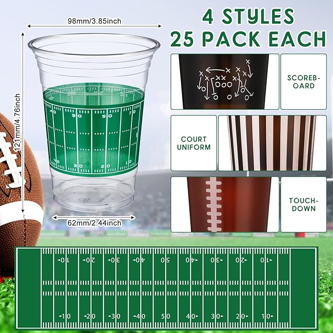 Qinyoung 100 Pcs 16oz Football Party Decorations Football Tailgate Plastic Disposable Clear Cups for Events Sports Birthday Themed Tableware Party Supplies