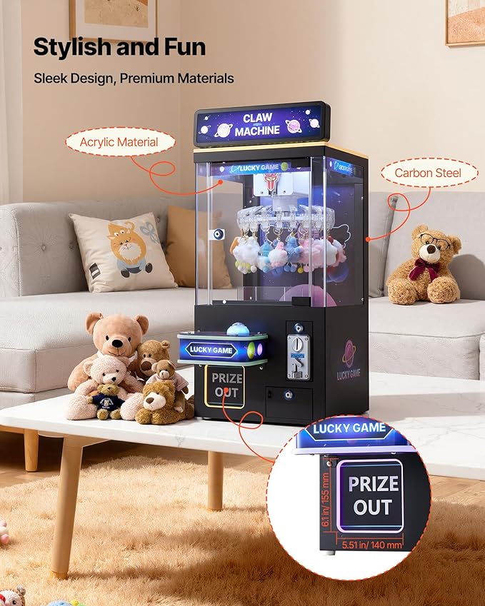 VEVOR Claw Crane Machine, Medium-Sized Arcade Game Machine with Light & Sound, Adjustable Difficulty, Precise Toy Candy Grabber Prize Dispenser Vending Toy, for Commercial Home Cinema, Black Purple