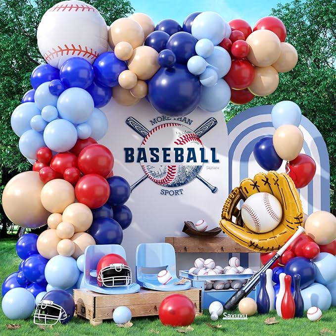 Baseball Theme Balloon Garland Arch Kit, Navy Blue Red Nude Light Dark Blue Balloon Arch with Baseball Glove Foil Balloons for Boys Baseball Themed Birthdays Party Baby Shower Decorations