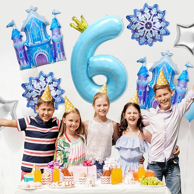 7Pcs 6th Birthday Party Decorations Balloons,Winter Snowflake Balloons Large Blue 40 Inch Number 6 Balloon Foil Star Castle Ballon for Birthday Party Favor Decor Supplies Winter Wonderland Decoration