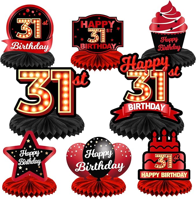 Happy 31st Birthday Red and Black Table Honeycomb Centerpieces Balloons Theme Decor Table Decorations Table Toppers for Girls Women Princess 31 Years Old Birthday Party Bday Supplies Background Gold