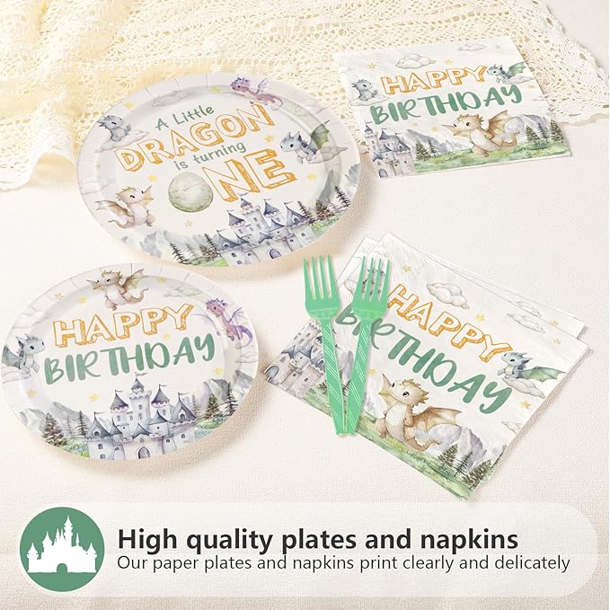 96Pcs Dragon 1st Birthday Party Decorations A Little Dragon is Turning One Plates and Napkins Cartoon Dinosaur Theme Tableware Sets for Kids 1st Birthday Baby Shower Party Supplies Serves 24
