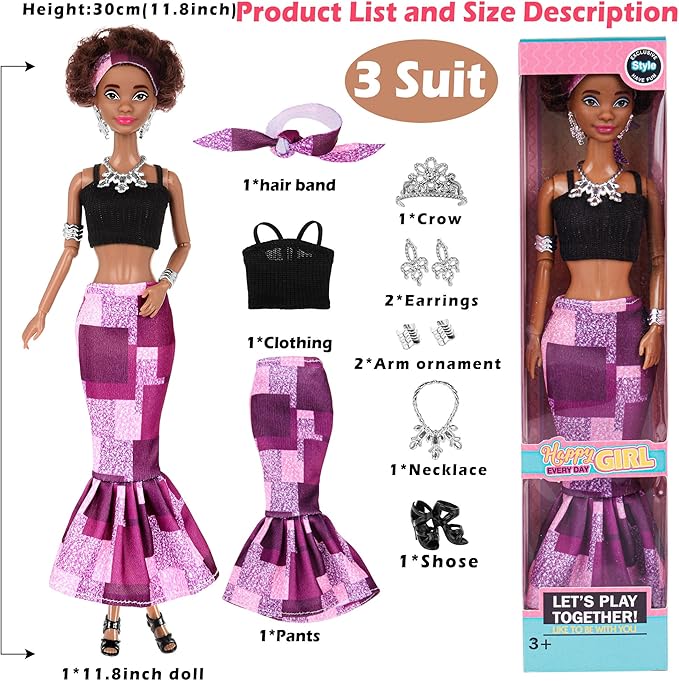 6 Pack African American Fashion Dolls Set with Mix & Match Outfits – 11.5" Posable Black Dolls & 5 Accessories Each (Crown, Necklace, Headscarf & More) + Pink Gift Case