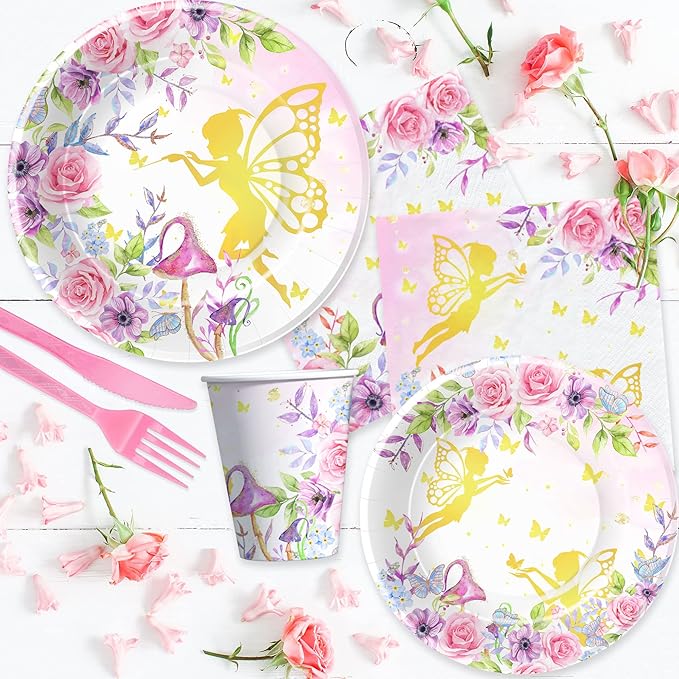 APOWBLS Fairy Birthday Party Supplies - Floral Gold Fairy Party Decorations for Birthday Baby Shower Spring Tea, Paper Plate, Cup, Napkin, Tablecloth, Cutlery | Serves 24