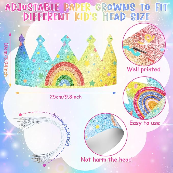 Sinmoe 32 Pcs Rainbow Birthday Party Crown for Kids Birthday Party Hats Rainbow Glitter Decorations Paper Crowns Headband for Girls Birthday, Rainbow Party Supplies, Classroom Activities,12 Styles