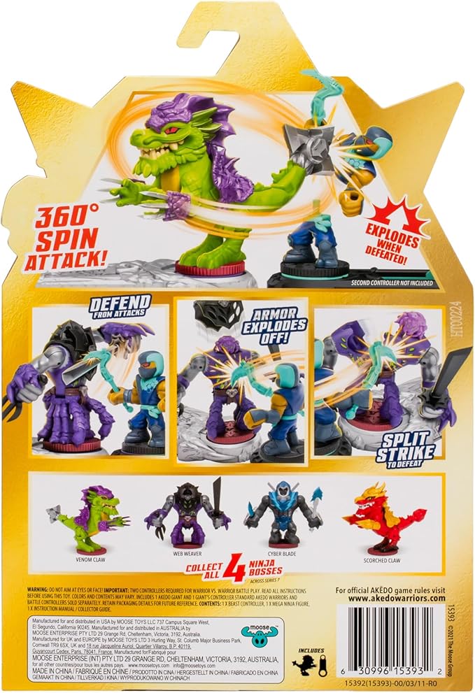 Legends of Akedo Ninja Bosses, Scorched Claw, 3" Tall Battling Action Figure with 360˚ Tail Whip and Claw Attack Spin Action, Double Defense Armor That Pops Off When Struck, 4 Ninja Bosses to Collect