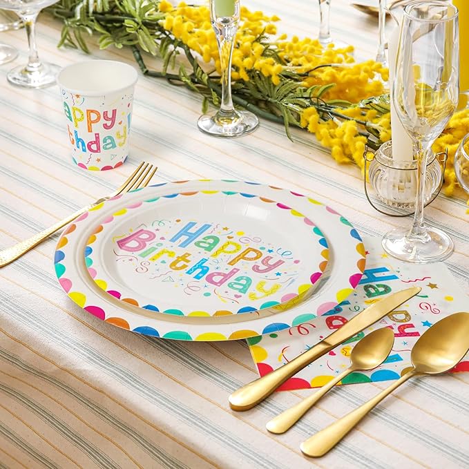 100Pcs Birthday Plates Party Supplies Happy Birthday Paper Plates Cups and Napkins for Baby Shower Kids Birthday Party Decorations, Serves 25