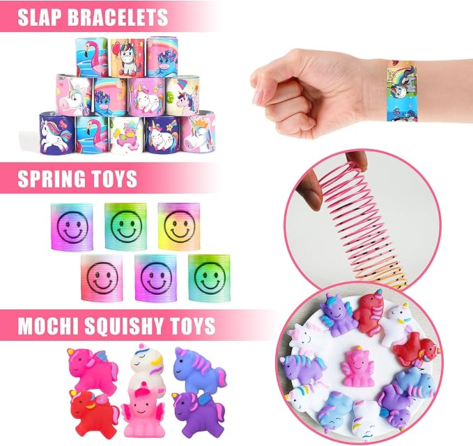 Unicorn Party Favor Goodie Rainbow Elastic Ball Bracelets Stickers Gifts Pinata Filler Bulk Toys for Unicorn Party Girl Kid Birthday Party Stuffers Supplies (Style 01)