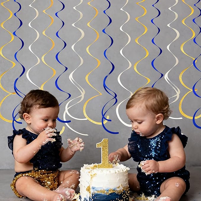 36 Pcs Blue Gold Hanging Swirl Decorations Royal Blue Glitter Gold Beige Felt Swirl Streamer Spiral Ceiling Garland for Birthday Graduation Wedding Baby Shower Retirement Nautical Ahoy Achor Party