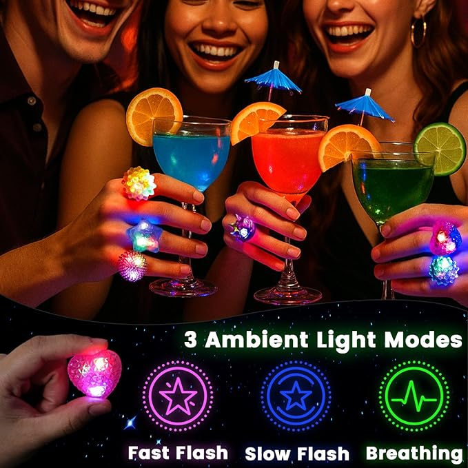 LovesTown 24PCS Light Up Rings Easter Party Favors for Kids, 6 Styles Glow in the Dark Party Supplies for Goodie Bags Easter Basket Stuffers Treasure Box Toys for Classroom Prizes, Flashing Glow Bulk
