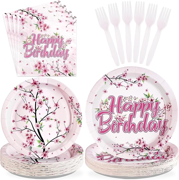 96 Pcs Cherry Blossom Birthday Party Decorations Disposable Japanese Sakura Themed Party Paper Plates and Napkins Pink Flowers Tableware Set for Birthday Baby Shower Wedding Bridal Supplies