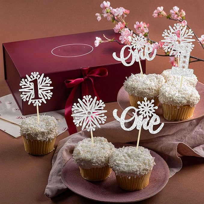 24Pcs Snowflake Cupcake Toppers Silver Glitter Winter Snowflake 1st Birthday Cupcake Picks First Birthday Cake Decorations for Winter Wonderland Kids 1st Birthday Party Supplies
