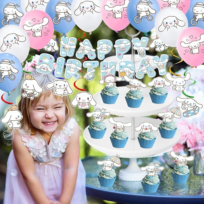 49 Psc For Cinnamoroll Birthday Decorations, Party Supplies Set Include Banner, Backdrop, Balloons, Hanging Swirls, Cake Cupcake Toppers, Tablecloth for Kids Cinnamoroll Theme Party
