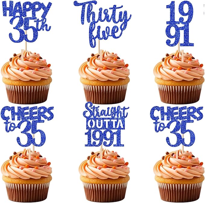30 PCS 35th Birthday Cupcake Toppers Glitter Ten Happy 35th Straight Outta 1991 Cupcake Picks for Cheers to 35 Fabulous 10th Birthday Anniversary Party Cake Decorations Supplier Blue