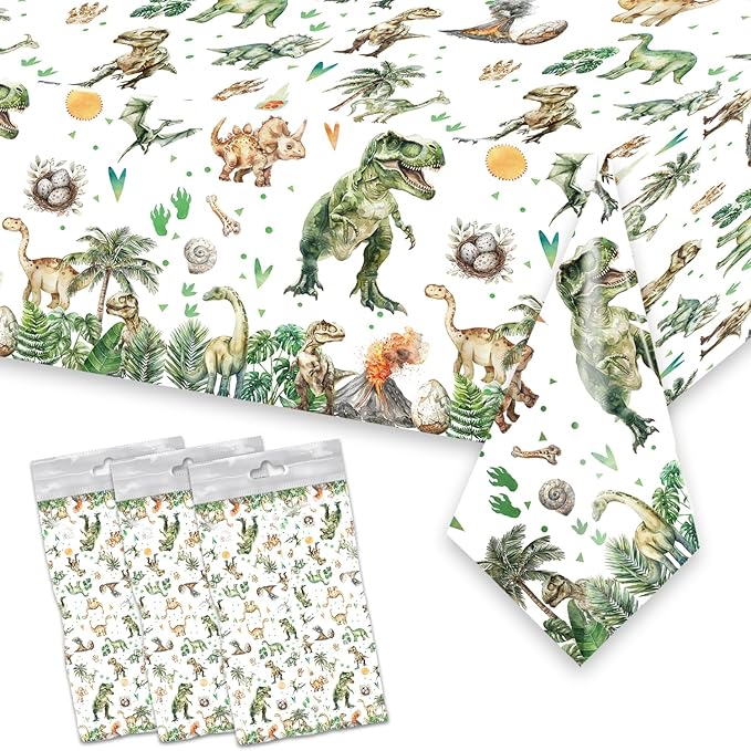 3 Pcs Dinosaur Plastic Party Tablecloths 54 x 108 Inch Green Watercolor Dinosaur Table Covers for Dino Theme Kids Boys Baby Shower 1st 2nd 3rd 4th Birthday Party Supplies Table Decorations Favors