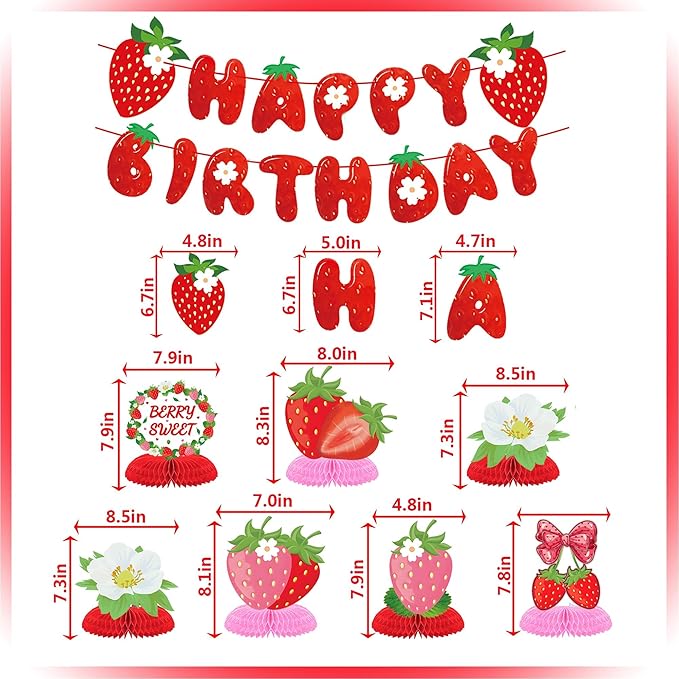 Strawberry Birthday Party Decorations ，Strawberries Banner Backdrop Red Pink Fans Hanging Swirls honeycomb ball Pom Poms for Baby Shower Strawberrys Shortcake Party Supplies(Strawberry)