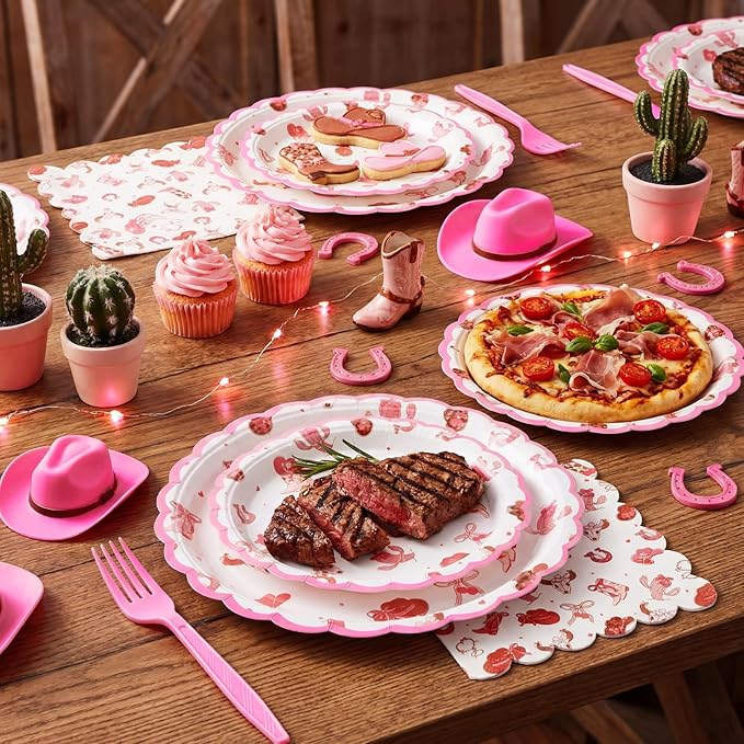122 Pcs Pink Cowgirl Birthday Party Supplies Western Cowgirl Plates Napkins and Fork Disposable Bowknot Rodeo Tableware Set for Girls Baby Shower Wedding Bachelorette Decoration, Serve 24