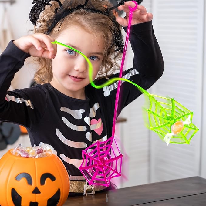 Glow Fever 24Pcs Sticky Spider Web Party Favors Pack, 7.5 inches in Total Length, Halloween Party Favors, Gifts For Birthday, Goodie Bag Classroom Prizes, 4 colors