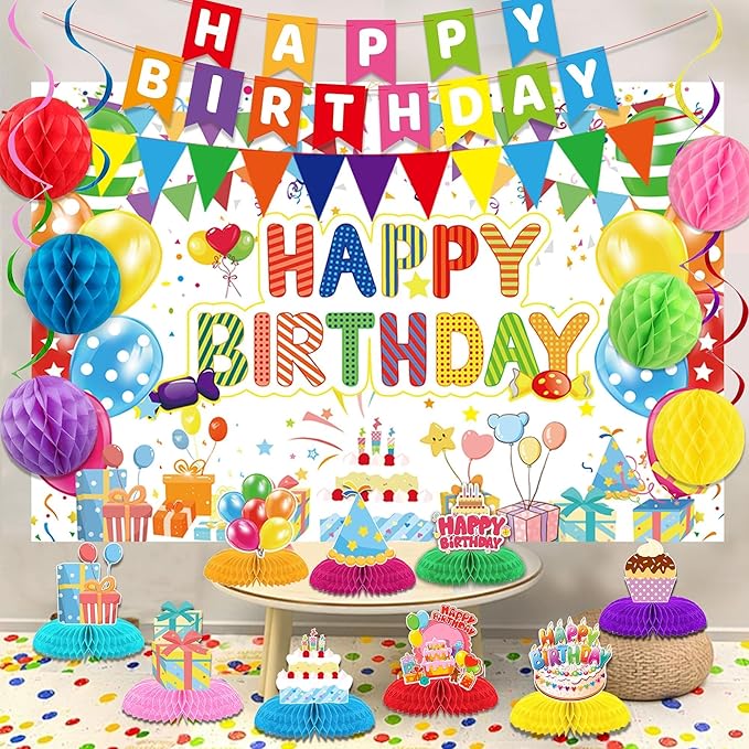 Birthday Decorations Kit, Happy Birthday Party Banner, Happy Birthday Backdrop, Honeycomb Balls, Metallic Hanging Swirls, Colorful Rainbow Party Decorations, Centerpieces for Tables(Colorful Birthday)