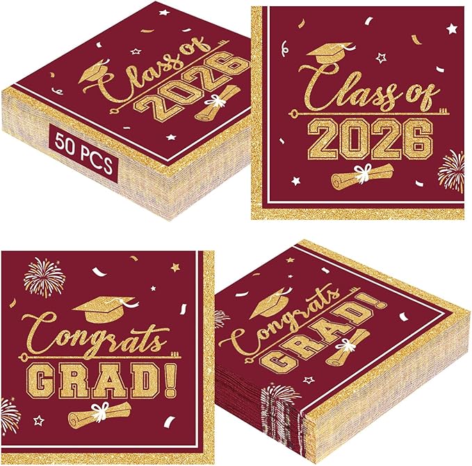 50 Pcs Graduation Napkins Class of 2026 - Maroon Gold Congrats Grad Napkins Set, 3-Ply Disposable Graduation Luncheon Dinner Party Paper Napkins for Grad Party Supplies Table Decoration