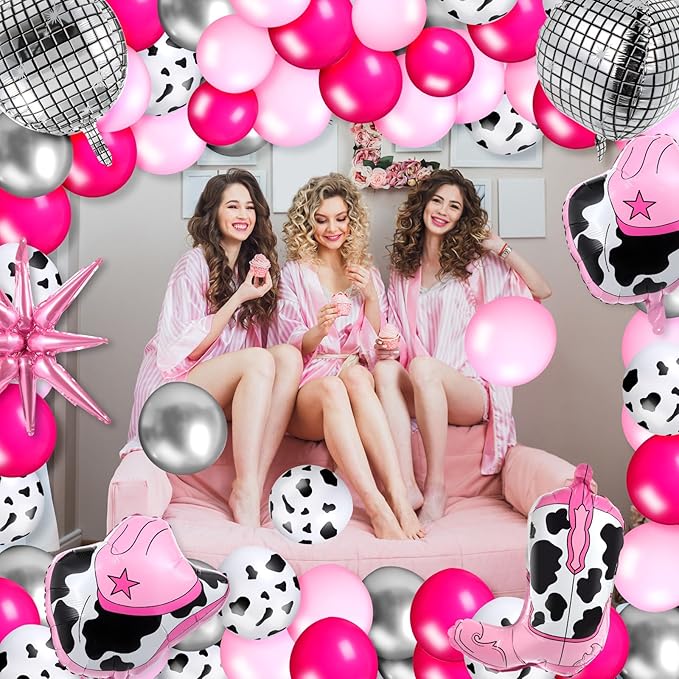 Hungdao 23 Pcs Cowgirl Theme Party Balloons Set Cow Print Cowgirl Hat Boot Pink Silver Star Balloons Ribbon for Western Theme Decorations Retro Horse Rodeo Party Supplies(Classic)