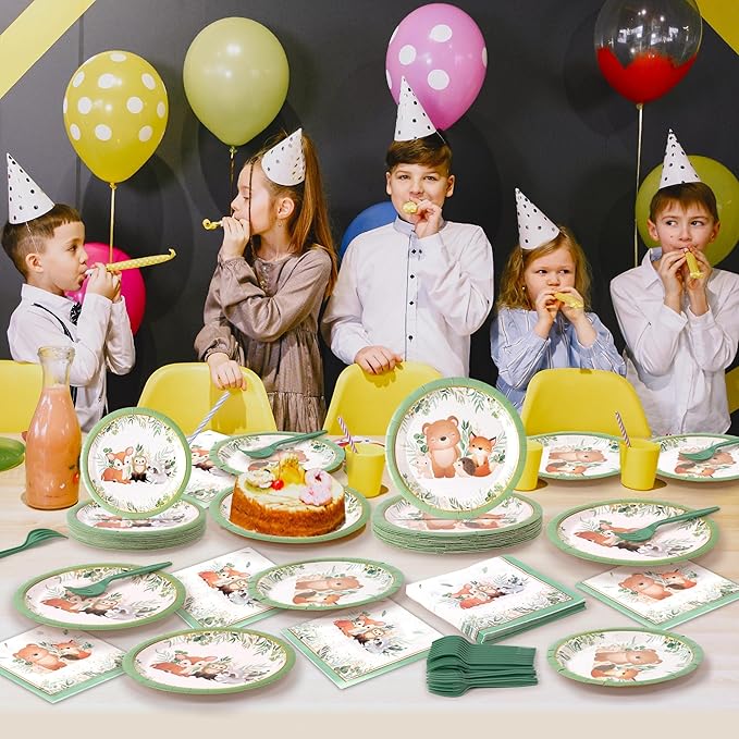 96Pcs Woodland Animal Baby Shower Greenery Wild Creatures Forest Party Plates Supplies Tableware Decoration Disposable Paper Plate Napkin Fork for Birthday, Serves 24