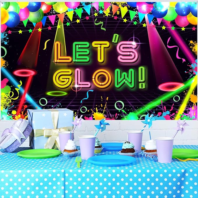 BOAO Neon Glow Party Backdrop Fabric - Birthday Decorations, Themed Background, 5.9 x 3.6 Ft