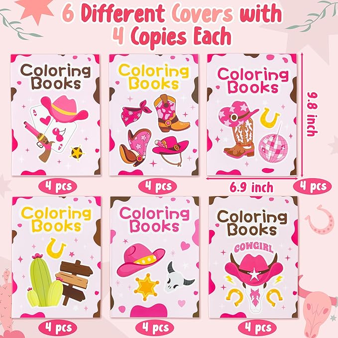 Cowgirl Coloring Books for Kids - 24Pcs Bulk Pink Western Cowgirl Mini Coloring Booklet DIY Art Drawing Book for Toddlers Holiday Birthday Cowboy Party Goodie Bags Stuffers Classroom Favors