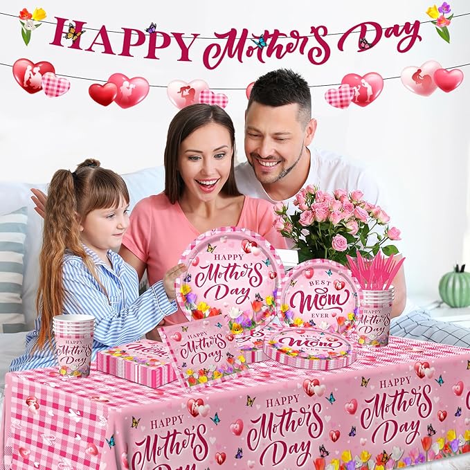 GREHUMOR 142Pcs Happy Mother's Day Party Supplies Pink Mother's Day Tableware Floral Flowers Tulip Disposable Paper Plates,Tablecloth,Napkins,Cups,Forks and Knives for Best Mom Ever Party Decorations