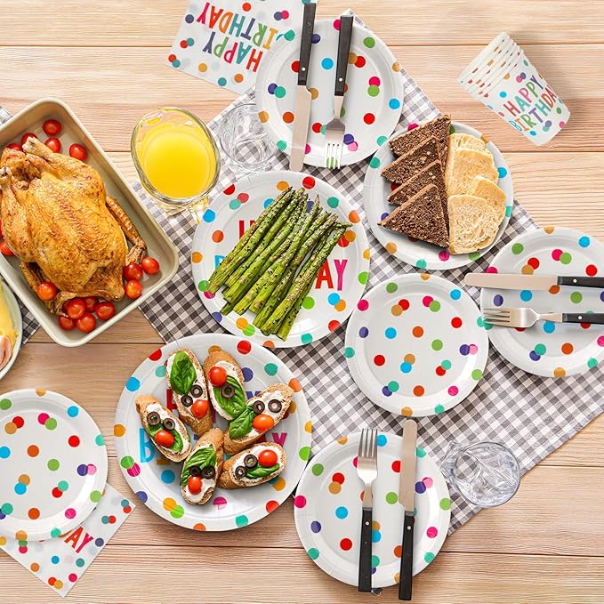 100Pcs Happy Birthday Plates and Napkins Colorful Polka Dots Paper Plates and Cups for Baby Shower Kids Birthday Party Decorations Supplies, Serves 25