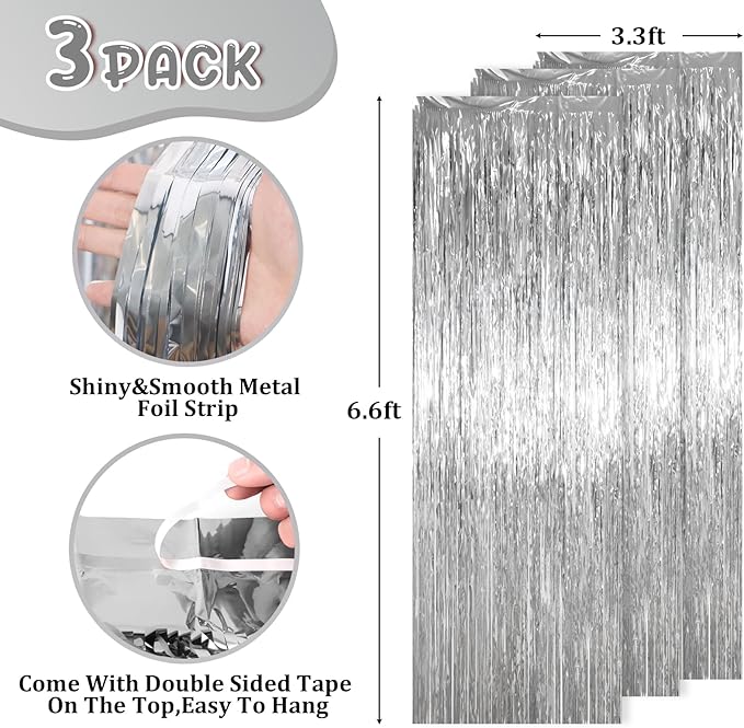 3.3 x 6.6 ft Foil Fringe Backdrop Curtains, Tinsel Streamers Party Decorations, Fringe Backdrop for Birthday, Baby Shower, Gender Reveal, Graduation (3, Silver)