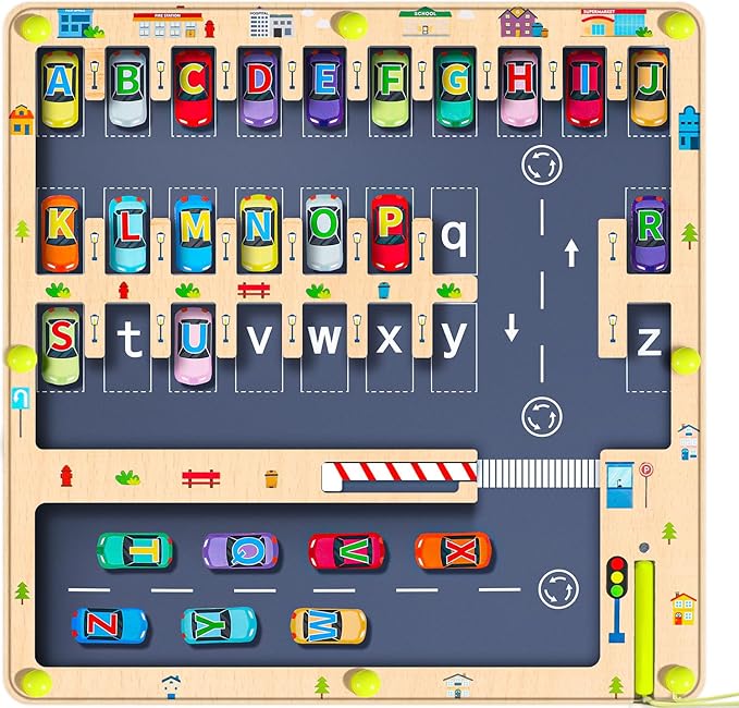 Magnetic Alphabet Maze Letter Puzzle Board, NOWRICH Montessori Toys for 2 3 4 5 Year Old Boy Gift, Magnet Alphabet Learning Car Parking Maze Toys for Kids 3-5, Birthday Gifts for Toddler